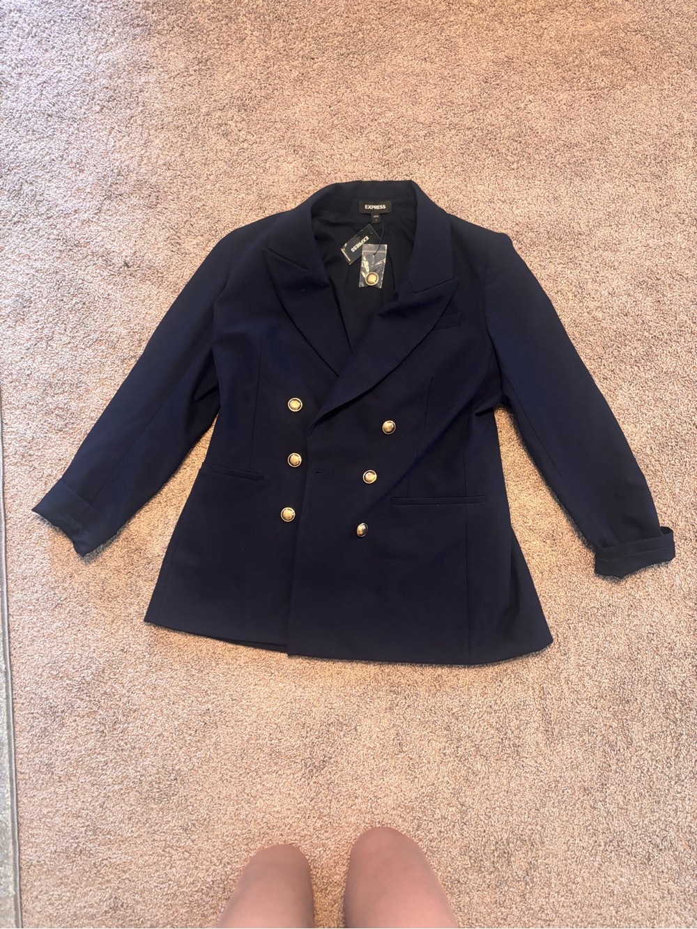 Express Women’s Navy Double-Breasted Blazer with Gold Buttons NWT